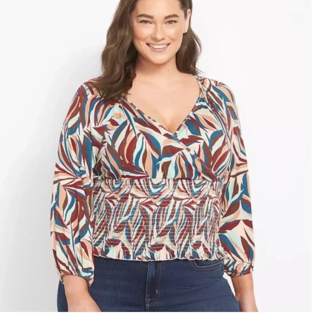 Lane Bryant Classic Wrap Cropped Top Smocked Waist 18/20 Colorful Palm Pattern.